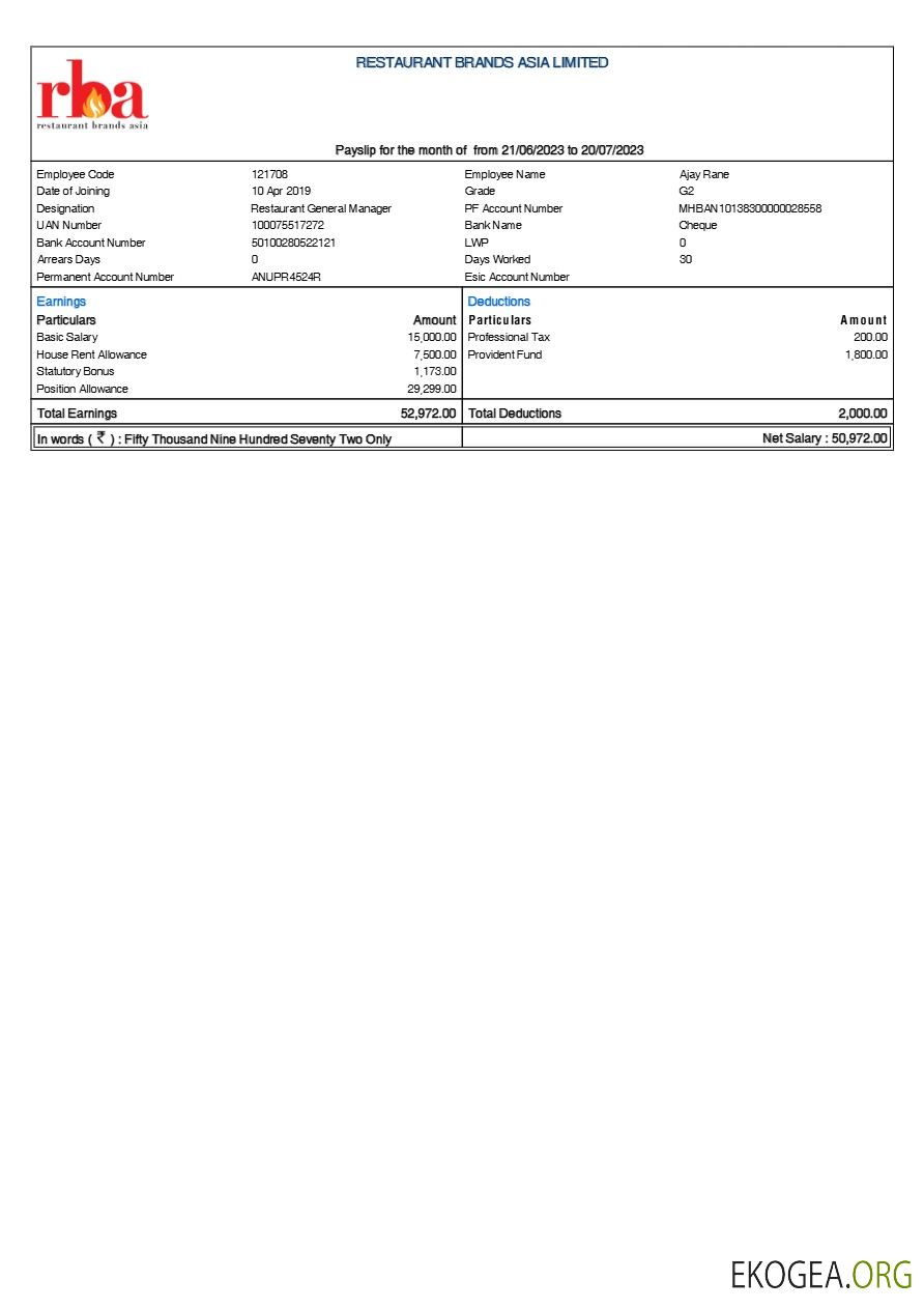 Modèle de fiche de paie de Restaurant Brands Asia aux formats Word et PDF.pdf, 1